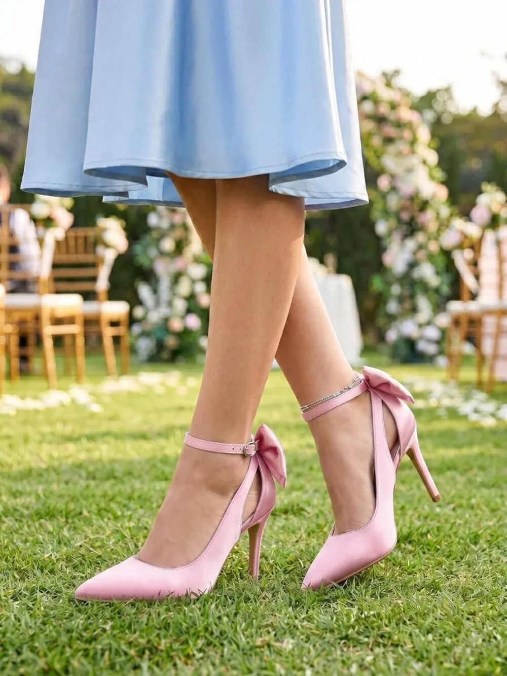Women's Satin Pink Pointed Toe High Heels Ankle Strap Sexy Bowtie Back Sandals